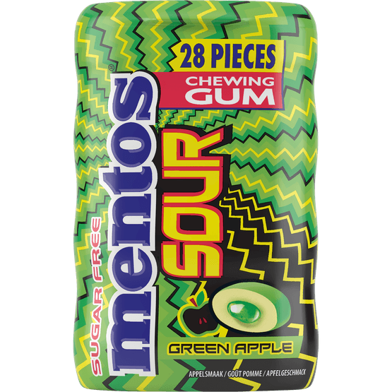 Foto van Mentos Sour gum green apple 28 st. op witte achtergrond