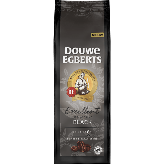 Foto van Douwe Egberts Koffiebonen excellent black op witte achtergrond