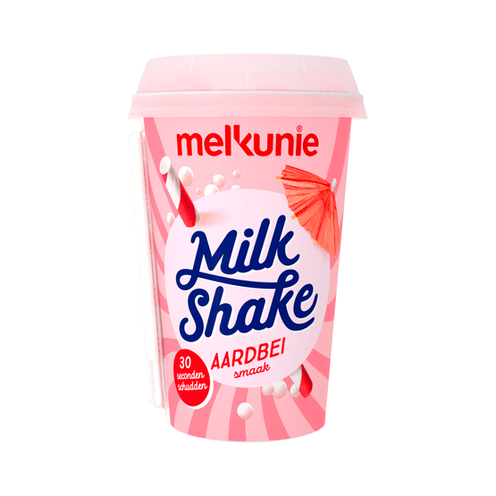 Foto van Melkunie Milkshake aardbei op witte achtergrond