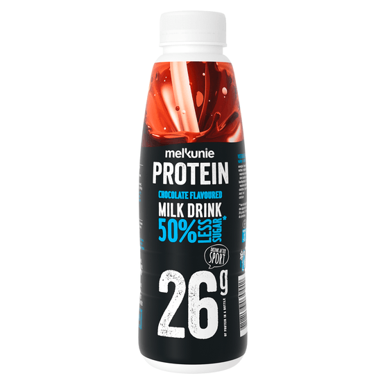 Foto van Melkunie Protein chocolate milk drink op witte achtergrond