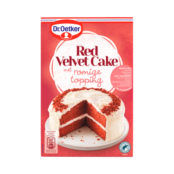 Foto van Dr. Oetker Taartmix red velvet cake op witte achtergrond