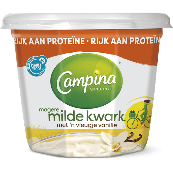 Foto van Campina Magere kwark met vanille op witte achtergrond