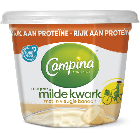 Foto van Campina Magere kwark banaan op witte achtergrond