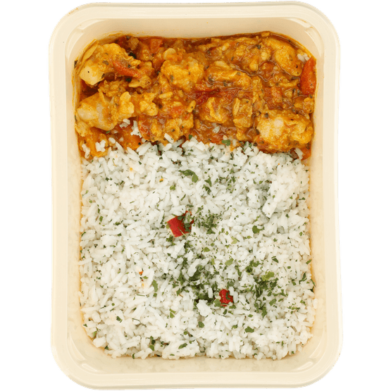 Foto van Mealmasters Kip tikka massala bloemkool en rijst op witte achtergrond