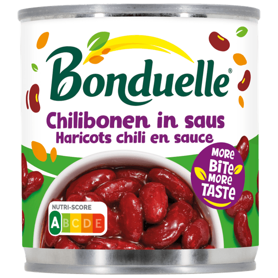 Foto van Bonduelle Chilibonen in saus op witte achtergrond