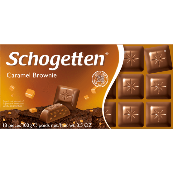 Foto van Schogetten Chocoladereep caramel brownie op witte achtergrond