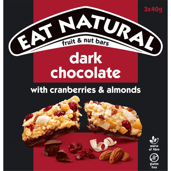 Foto van Eat Natural Dark chocolate cranberries 3 st. op witte achtergrond