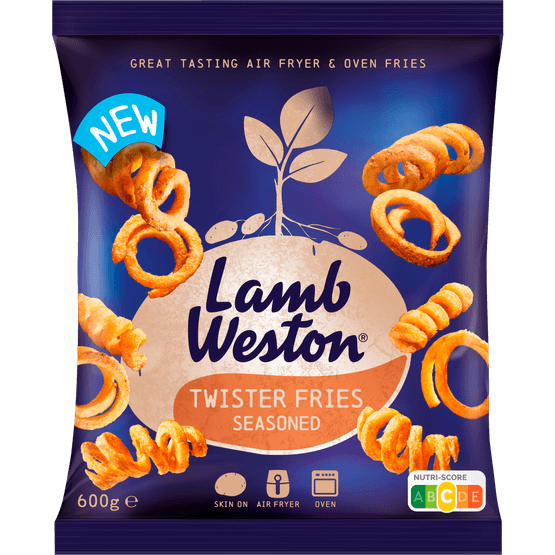 Foto van Lamb Weston Twister fries seasoned op witte achtergrond