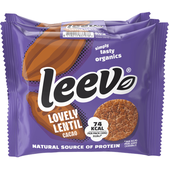 Foto van Leev Bio lentil wafels cacao 3x2 op witte achtergrond