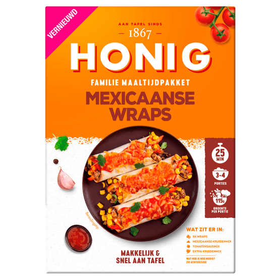 Foto van Honig Maaltijdpakket mexicaanse wraps op witte achtergrond