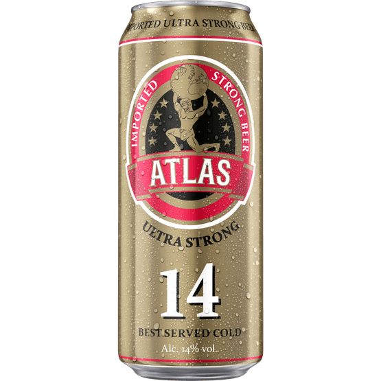 Foto van Atlas 14 ultra strong beer op witte achtergrond