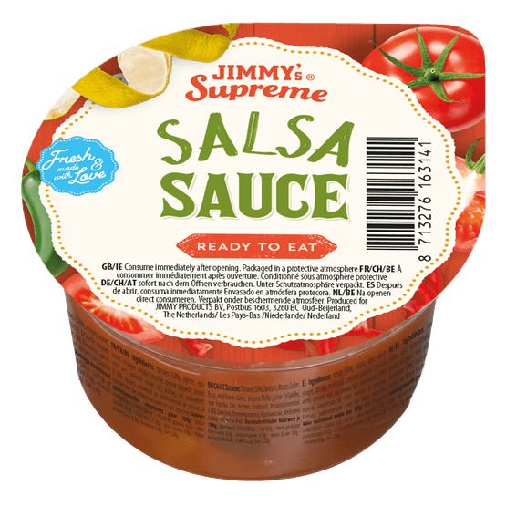 Foto van Jimmy's Salsa sauce op witte achtergrond