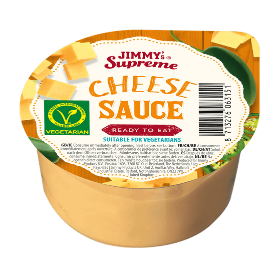 Foto van Jimmy's Cheese sauce op witte achtergrond