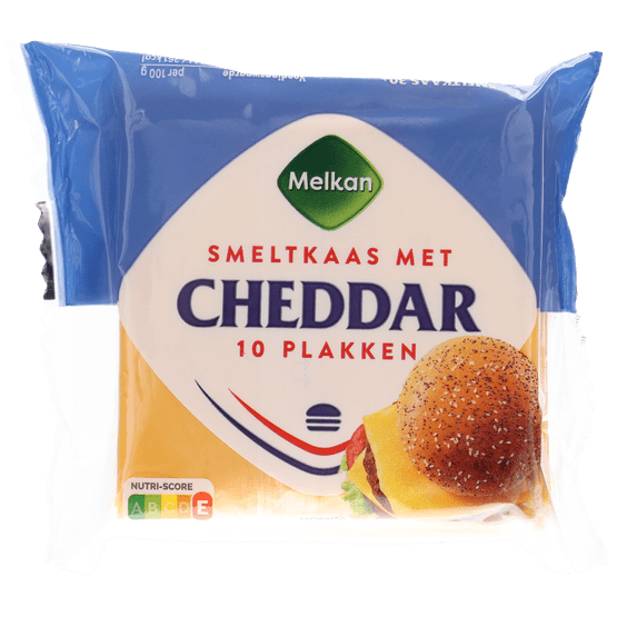 Foto van Melkan Cheddar smeltkaas op witte achtergrond