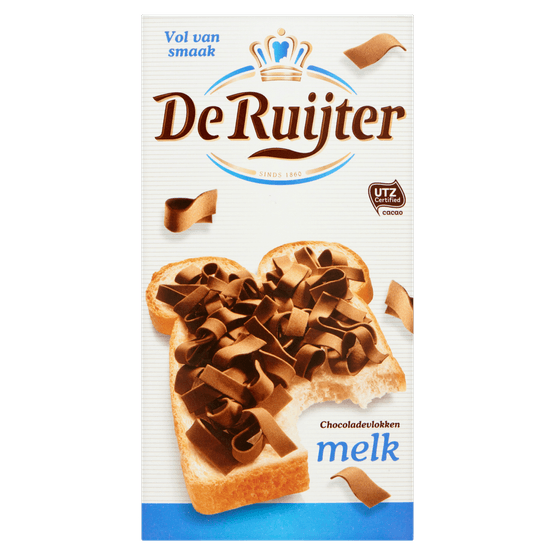 Foto van De Ruijter Chocolade vlokken melk op witte achtergrond