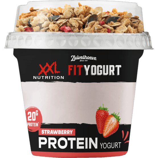 Foto van XXL Fit Yoghurt granola aardbei op witte achtergrond