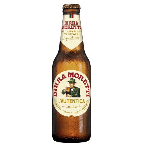 Foto van Birra Moretti Pilsener premium op witte achtergrond