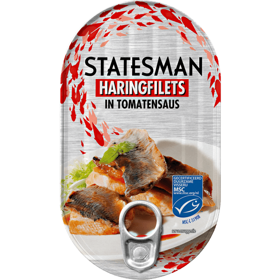 Foto van Statesman Haring in tomatensaus op witte achtergrond