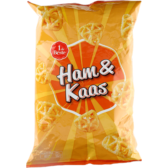 Foto van 1 de Beste Ham kaas chips op witte achtergrond