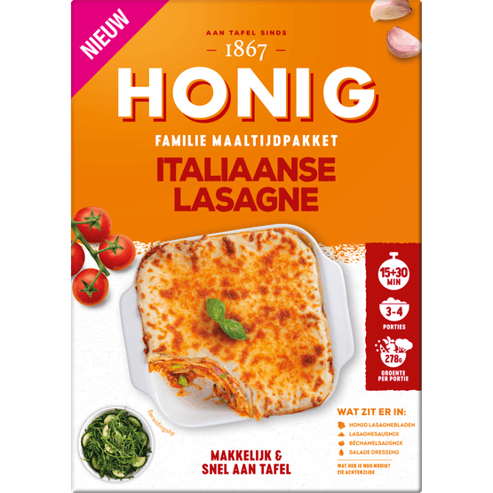 Foto van Honig Maaltijdpakket italiaanse lasagne op witte achtergrond