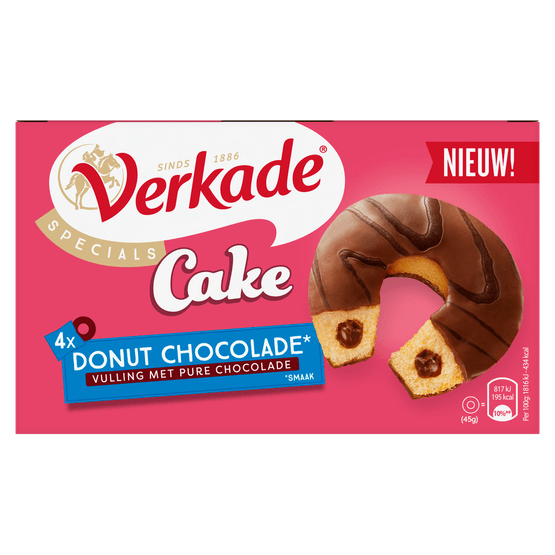 Foto van Verkade Donut cake chocolade 4 stuks op witte achtergrond