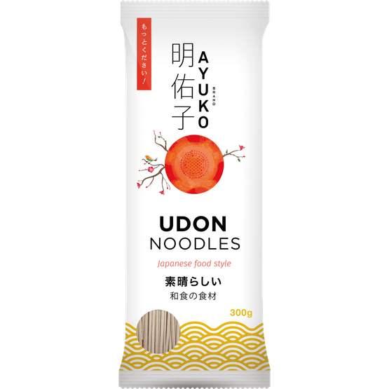 Foto van Ayuko Noedels udon op witte achtergrond