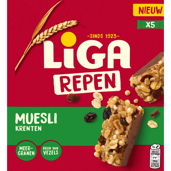 Foto van Liga Repen muesli krenten op witte achtergrond