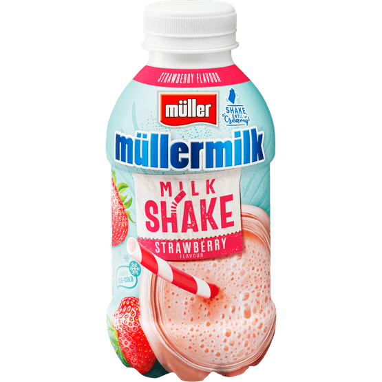 Foto van Müllermilk Milkshake aardbei op witte achtergrond