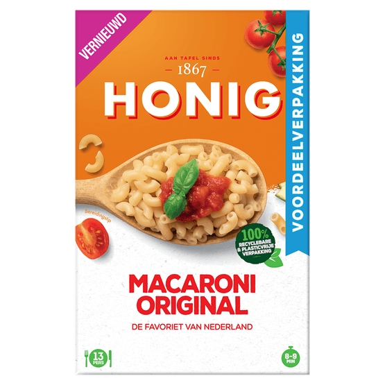 Foto van Honig Macaroni op witte achtergrond