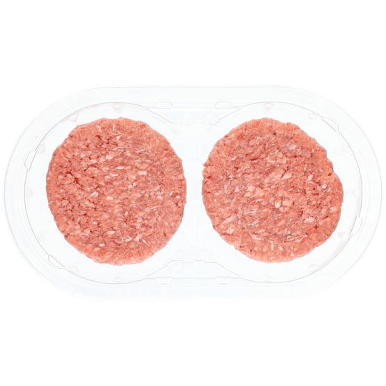 Foto van Vleeschmeesters Actie hamburger rund met plantaardig eiwit op witte achtergrond