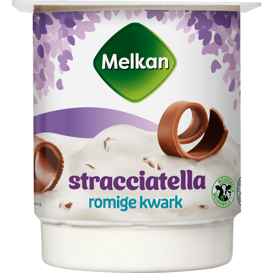 Foto van Melkan Halfvolle kwark stracciatella op witte achtergrond