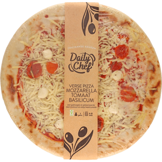 Foto van Daily Chef Pizza mozzarella basilicum op witte achtergrond