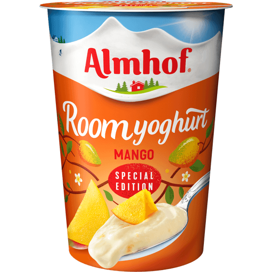 Foto van Almhof Roomyoghurt mango op witte achtergrond