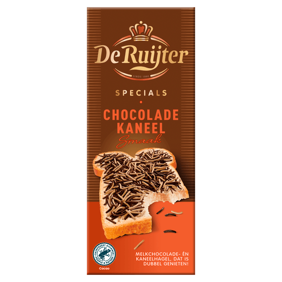 Foto van De Ruijter Chocoladehagel specials kaneel op witte achtergrond