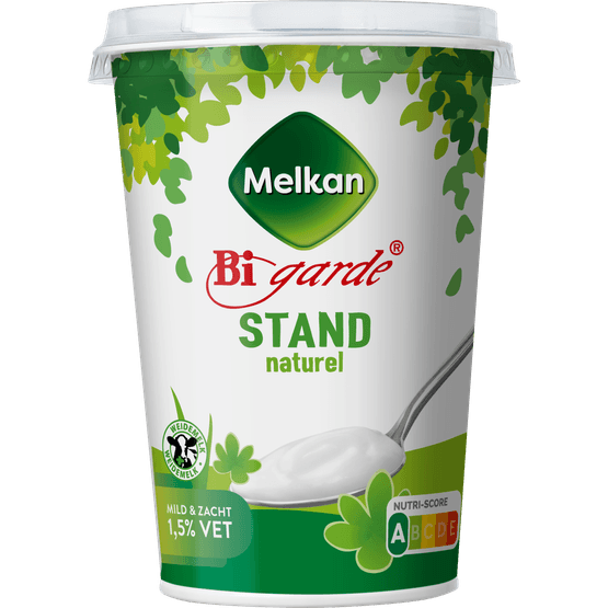 Foto van Melkan Bigarde standyoghurt op witte achtergrond