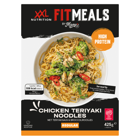 Foto van Fitmeals Noodles chicken teriyaki op witte achtergrond