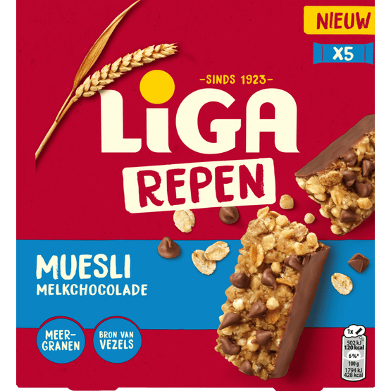 Foto van Liga Repen muesli melkchocolade op witte achtergrond