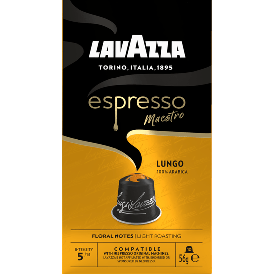 Foto van Lavazza Koffiecups alu maestro lungo sterkte 5 op witte achtergrond