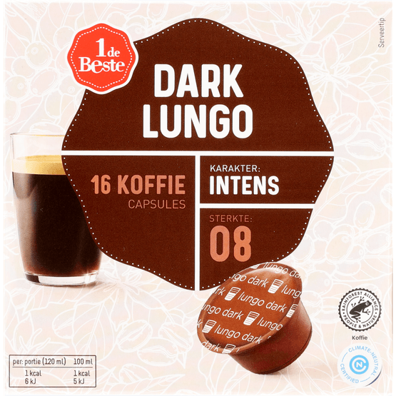 Foto van 1 de Beste Koffiecups lungo dark sterkte 8 op witte achtergrond