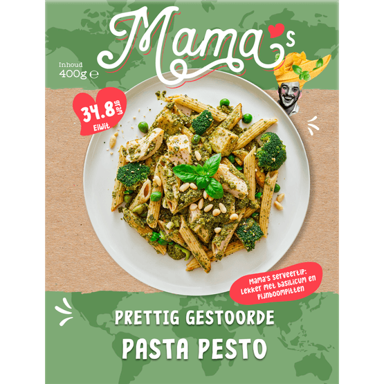 Foto van Mama's Penne pesto met kipfilet op witte achtergrond