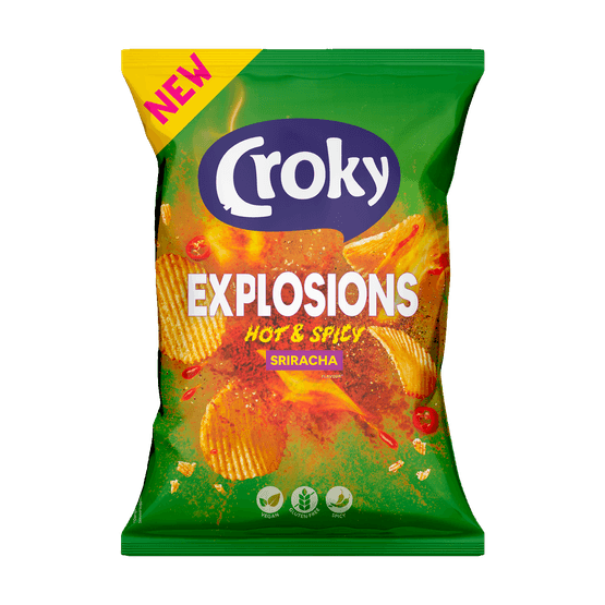 Foto van Croky Chips explosions sriracha op witte achtergrond