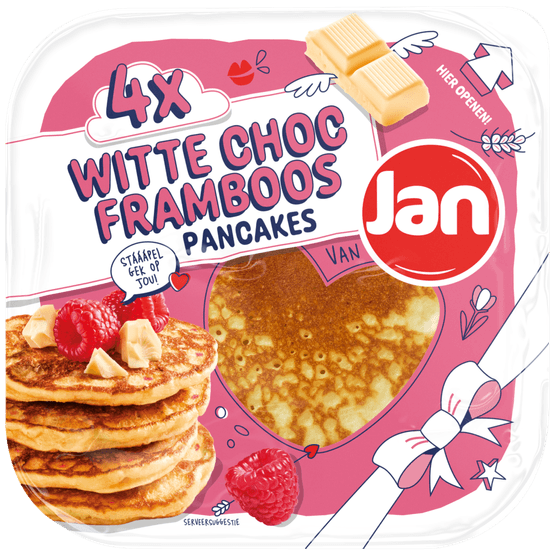 Foto van Jan American pancakes witte chocola framboos 4st. op witte achtergrond