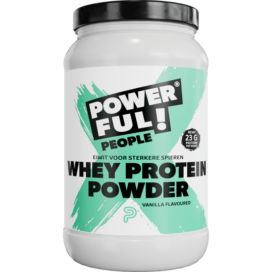 Foto van PowerfulPeople Whey protein powder vanille op witte achtergrond