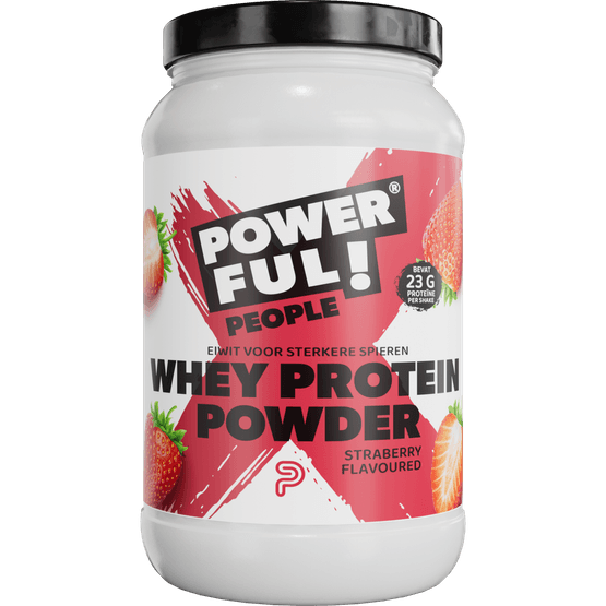 Foto van Powerful People Whey protein powder strawberry op witte achtergrond