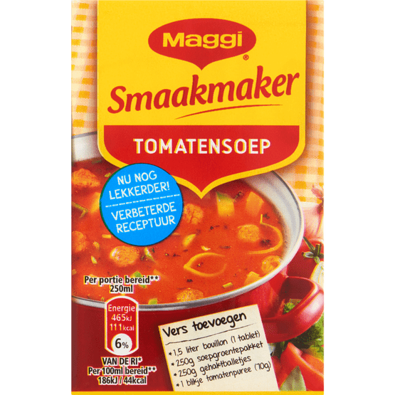 Foto van Maggi Smaakmaker tomatensoep op witte achtergrond