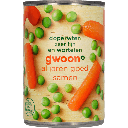 Foto van G'woon Doperwten en wortelen extra fijn op witte achtergrond
