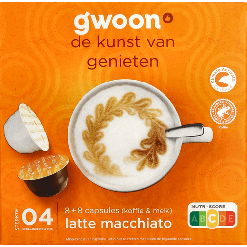 Foto van G'woon Koffiecups latte macchiato sterkte 4 op witte achtergrond