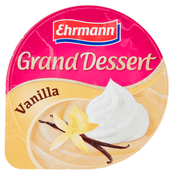 Foto van Ehrmann Grand dessert vanille met slagroom op witte achtergrond