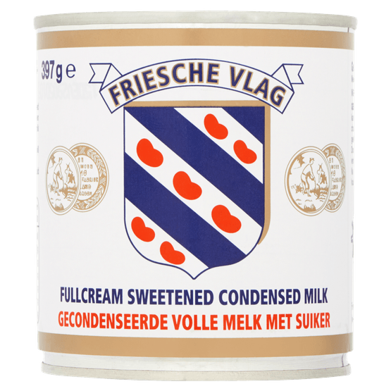 Foto van Friesche Vlag Gecondenseerde volle melk met suiker op witte achtergrond