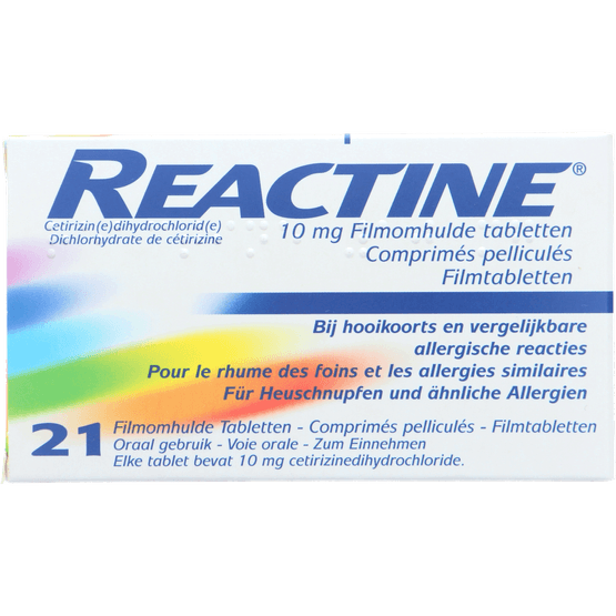 Foto van Reactine Tabletten 10mg op witte achtergrond